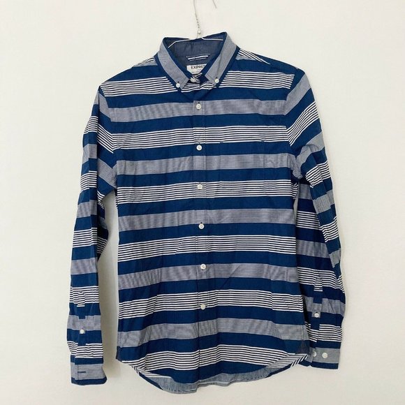 NEW Express Soft Wash Striped Button Down Shirt Men's Size Small Blue White - Picture 1 of 4